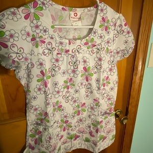 White Cross, white, green, pink scrub top (XS)